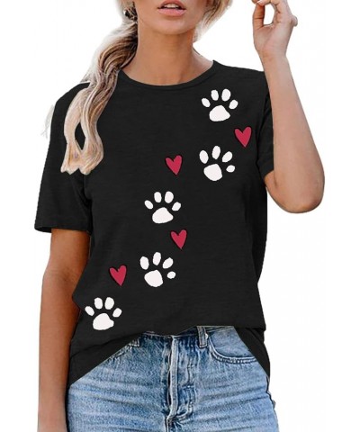 Dog Paw Love Heart Print T-Shirt for Women Short Sleeve Dog Mom Graphic Tees Tops Mother's Day Shirts A Black $13.33 Others