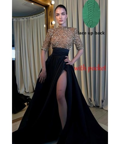 Sparkly Prom Dresses 2024 Mock Neck Ball Gown with Slit A-line Gala Dress Formal Evening Gowns with Pockets White Black $42.1...