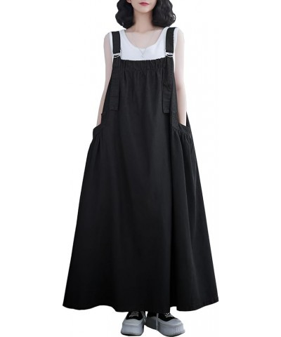 Denim Jumper Dress for Women Loose Version Baggy Style Maxi Length Adjustable Straps Wide Hemline Black $19.78 Dresses