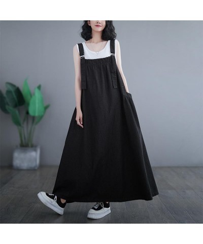 Denim Jumper Dress for Women Loose Version Baggy Style Maxi Length Adjustable Straps Wide Hemline Black $19.78 Dresses