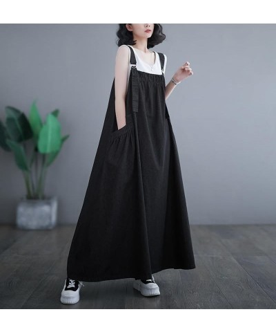 Denim Jumper Dress for Women Loose Version Baggy Style Maxi Length Adjustable Straps Wide Hemline Black $19.78 Dresses