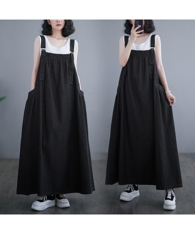 Denim Jumper Dress for Women Loose Version Baggy Style Maxi Length Adjustable Straps Wide Hemline Black $19.78 Dresses