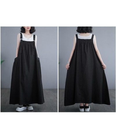 Denim Jumper Dress for Women Loose Version Baggy Style Maxi Length Adjustable Straps Wide Hemline Black $19.78 Dresses