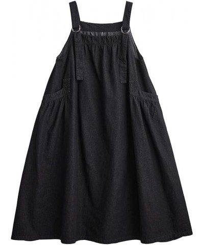 Denim Jumper Dress for Women Loose Version Baggy Style Maxi Length Adjustable Straps Wide Hemline Black $19.78 Dresses