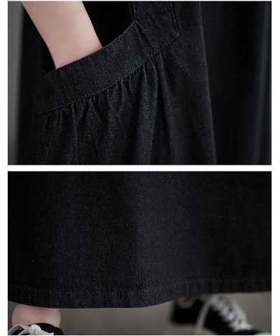 Denim Jumper Dress for Women Loose Version Baggy Style Maxi Length Adjustable Straps Wide Hemline Black $19.78 Dresses