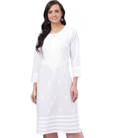 Hand Embroidered Chikankari Indian Straight Cotton Kurti Kurta Tunic Dress for Women A149984 White $23.20 Tops