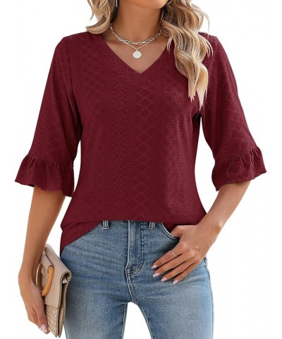 3/4 Length Sleeve Womens Tops Summer Loose V-Neck Eyelet T-Shirts Dressy Casual Ruffle Sleeve Tunic Blouses Wine Red $13.64 Tops