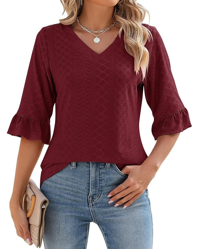 3/4 Length Sleeve Womens Tops Summer Loose V-Neck Eyelet T-Shirts Dressy Casual Ruffle Sleeve Tunic Blouses Wine Red $13.64 Tops