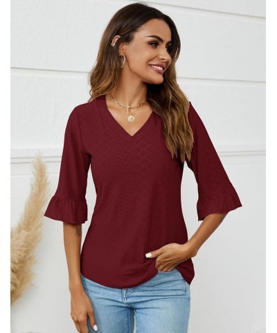 3/4 Length Sleeve Womens Tops Summer Loose V-Neck Eyelet T-Shirts Dressy Casual Ruffle Sleeve Tunic Blouses Wine Red $13.64 Tops