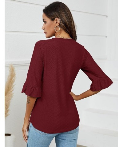 3/4 Length Sleeve Womens Tops Summer Loose V-Neck Eyelet T-Shirts Dressy Casual Ruffle Sleeve Tunic Blouses Wine Red $13.64 Tops