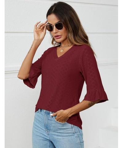 3/4 Length Sleeve Womens Tops Summer Loose V-Neck Eyelet T-Shirts Dressy Casual Ruffle Sleeve Tunic Blouses Wine Red $13.64 Tops