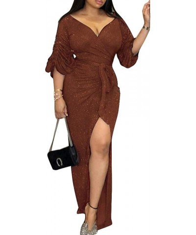 Women Long Sleeve Shiny Glitter Dress Sexy Bodycon Flowy Split Party Maxi Long Dresses Caramel $37.73 Dresses