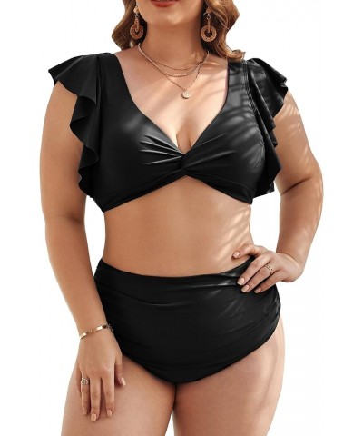 Women High Waisted Swimsuit Plus Size Tummy Control Ruffle Bikini Twist Front Bathing Suit Black $16.45 Swimsuits