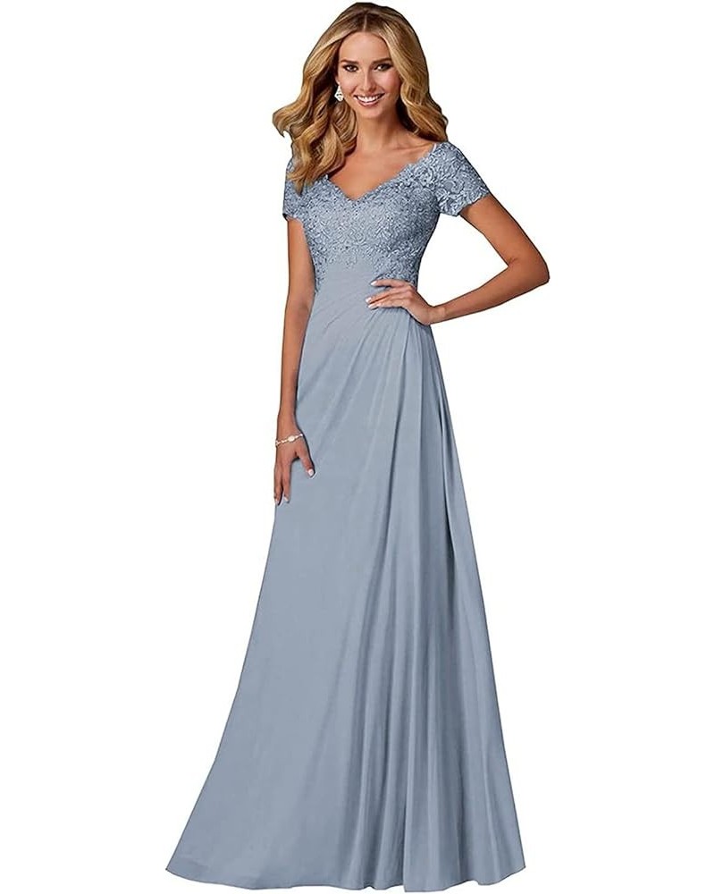 Chiffon Mother of The Bride Dresses Long Lace Appliques V-Neck Pleat Mother Bride Dresses for Wedding with Sleeves Dusty Blue...