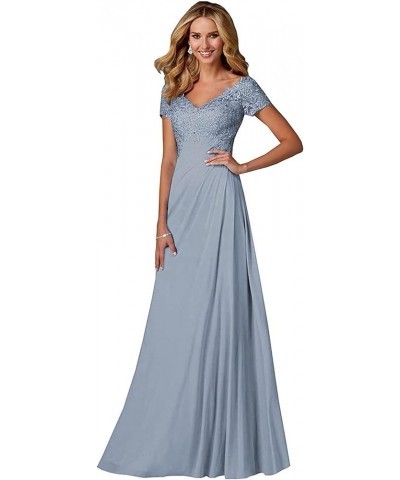 Chiffon Mother of The Bride Dresses Long Lace Appliques V-Neck Pleat Mother Bride Dresses for Wedding with Sleeves Dusty Blue...