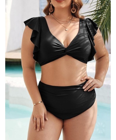 Women High Waisted Swimsuit Plus Size Tummy Control Ruffle Bikini Twist Front Bathing Suit Black $16.45 Swimsuits