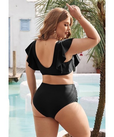 Women High Waisted Swimsuit Plus Size Tummy Control Ruffle Bikini Twist Front Bathing Suit Black $16.45 Swimsuits