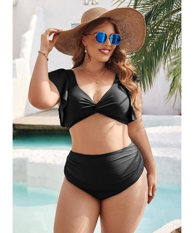 Women High Waisted Swimsuit Plus Size Tummy Control Ruffle Bikini Twist Front Bathing Suit Black $16.45 Swimsuits