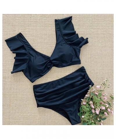 Women High Waisted Swimsuit Plus Size Tummy Control Ruffle Bikini Twist Front Bathing Suit Black $16.45 Swimsuits