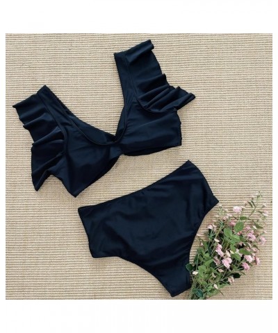 Women High Waisted Swimsuit Plus Size Tummy Control Ruffle Bikini Twist Front Bathing Suit Black $16.45 Swimsuits