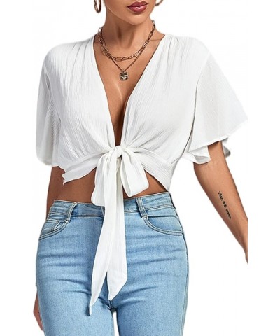 Women's Deep V Neck Tie Front Knot Wrap Ruffle Short Sleeeve Crop Top Blouse Solid White $11.60 Blouses