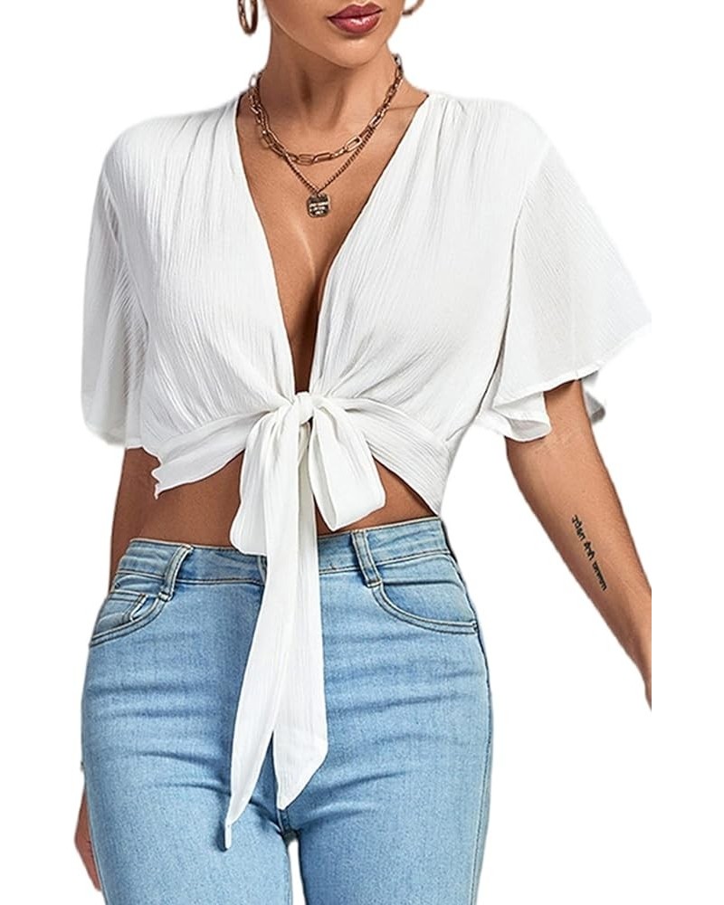 Women's Deep V Neck Tie Front Knot Wrap Ruffle Short Sleeeve Crop Top Blouse Solid White $11.60 Blouses