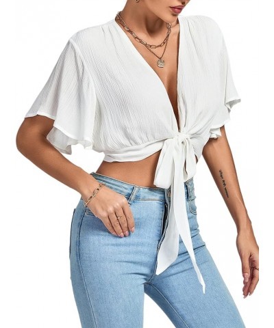 Women's Deep V Neck Tie Front Knot Wrap Ruffle Short Sleeeve Crop Top Blouse Solid White $11.60 Blouses