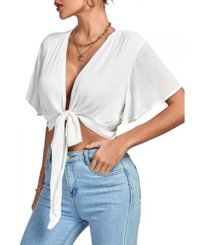 Women's Deep V Neck Tie Front Knot Wrap Ruffle Short Sleeeve Crop Top Blouse Solid White $11.60 Blouses