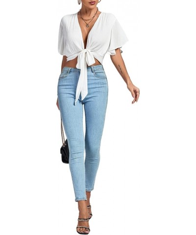 Women's Deep V Neck Tie Front Knot Wrap Ruffle Short Sleeeve Crop Top Blouse Solid White $11.60 Blouses