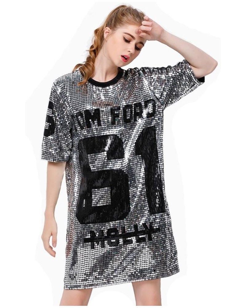 Sparkle Glitter Sequins Hip Hop Jazz Dancing T-Shirt Dress Plus Size Clubwear Silver $17.84 Dresses