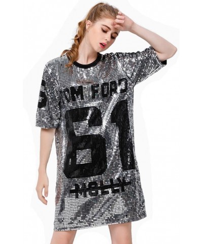 Sparkle Glitter Sequins Hip Hop Jazz Dancing T-Shirt Dress Plus Size Clubwear Silver $17.84 Dresses