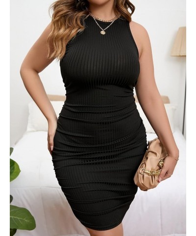 Women's Plus Size Ribbed Knit Bodycon Dress Solid Ruched Side Tank Dress Black $18.89 Dresses