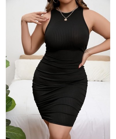 Women's Plus Size Ribbed Knit Bodycon Dress Solid Ruched Side Tank Dress Black $18.89 Dresses