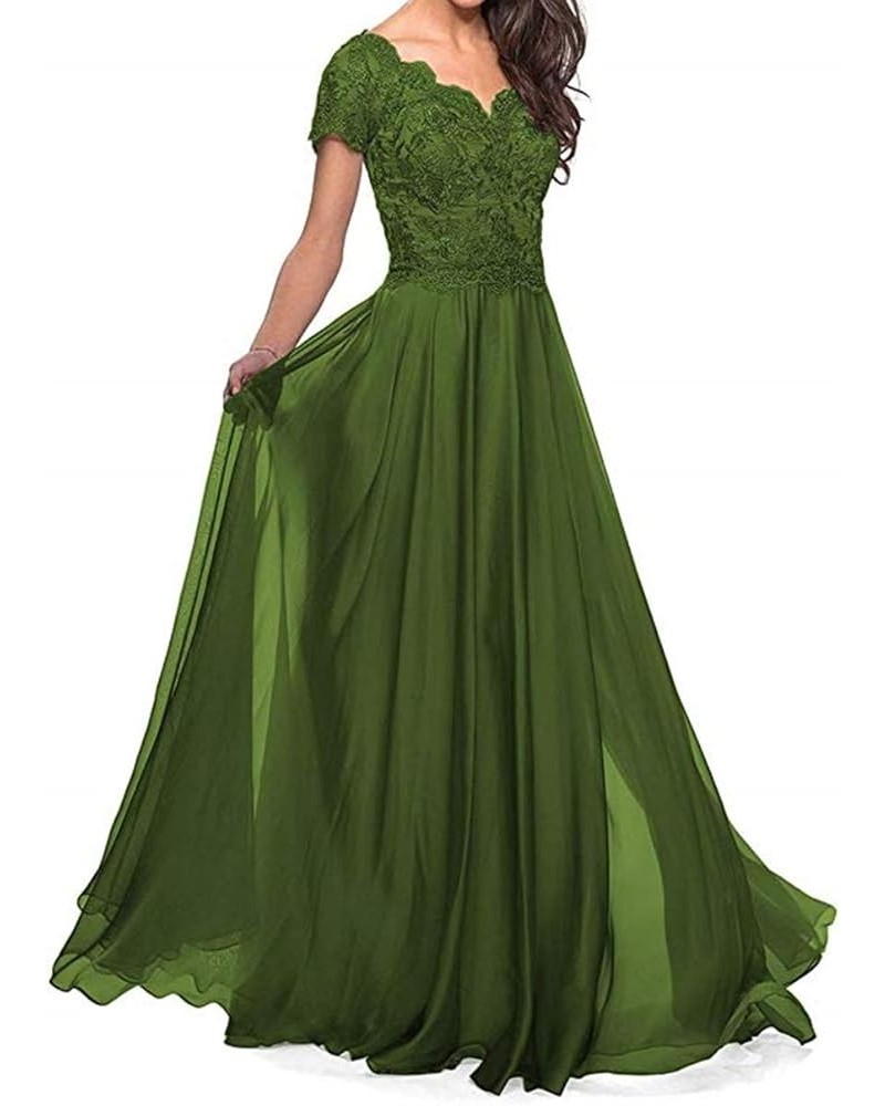 Lace Appliques Mother of The Bride Dresses Long Chiffon A line Short Sleeves Wedding Party Gowns for Women Olive Green $32.25...