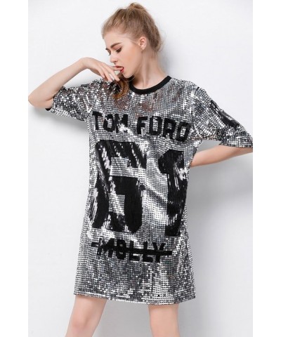 Sparkle Glitter Sequins Hip Hop Jazz Dancing T-Shirt Dress Plus Size Clubwear Silver $17.84 Dresses