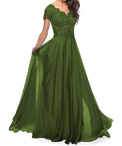 Lace Appliques Mother of The Bride Dresses Long Chiffon A line Short Sleeves Wedding Party Gowns for Women Olive Green $32.25...