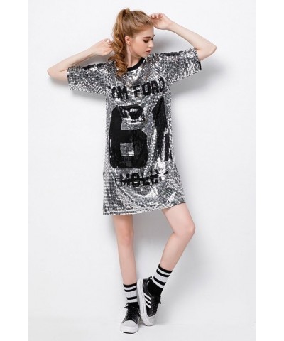 Sparkle Glitter Sequins Hip Hop Jazz Dancing T-Shirt Dress Plus Size Clubwear Silver $17.84 Dresses