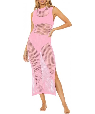 Womens Sexy Cover Ups Crochet Dress Sleeveless Crew Neck Hollow Out Beach Cover Up Side Slit Knit Midi Dresses Pink $15.54 Sw...