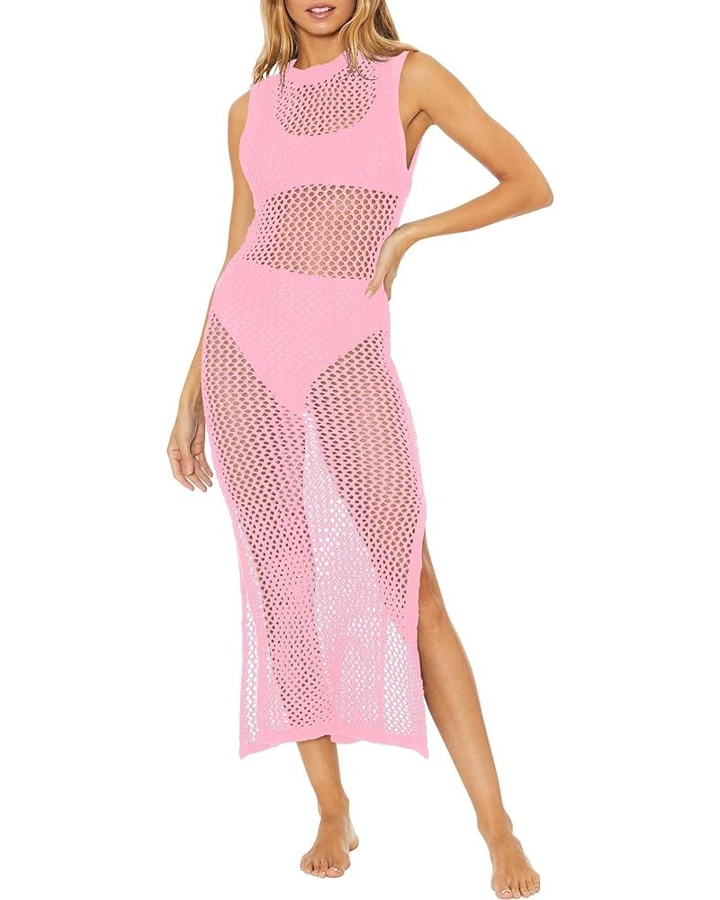 Womens Sexy Cover Ups Crochet Dress Sleeveless Crew Neck Hollow Out Beach Cover Up Side Slit Knit Midi Dresses Pink $15.54 Sw...