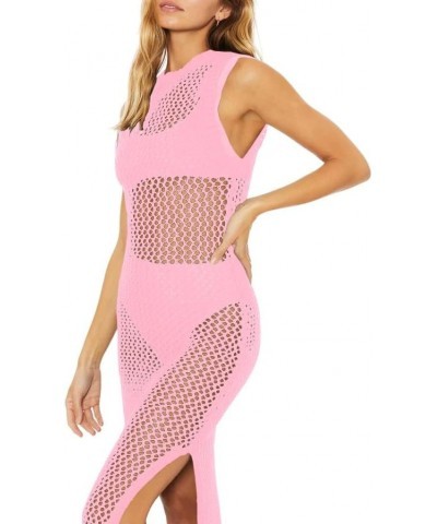 Womens Sexy Cover Ups Crochet Dress Sleeveless Crew Neck Hollow Out Beach Cover Up Side Slit Knit Midi Dresses Pink $15.54 Sw...