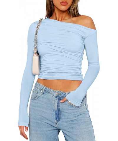 Women One Off Shoulder Solid Casual Long Sleeve Crop Top Slim Fit Ruched T-Shirt Sexy Going Out Tee Shirt Yy-lightblue $17.10...