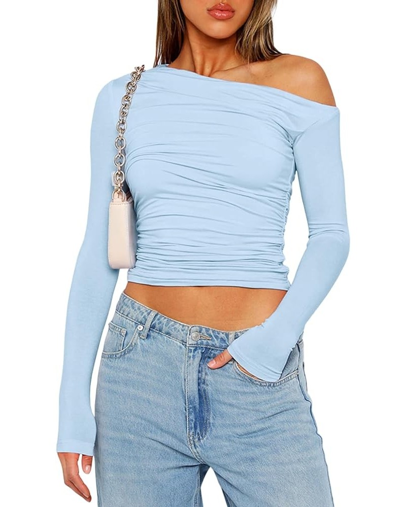 Women One Off Shoulder Solid Casual Long Sleeve Crop Top Slim Fit Ruched T-Shirt Sexy Going Out Tee Shirt Yy-lightblue $17.10...