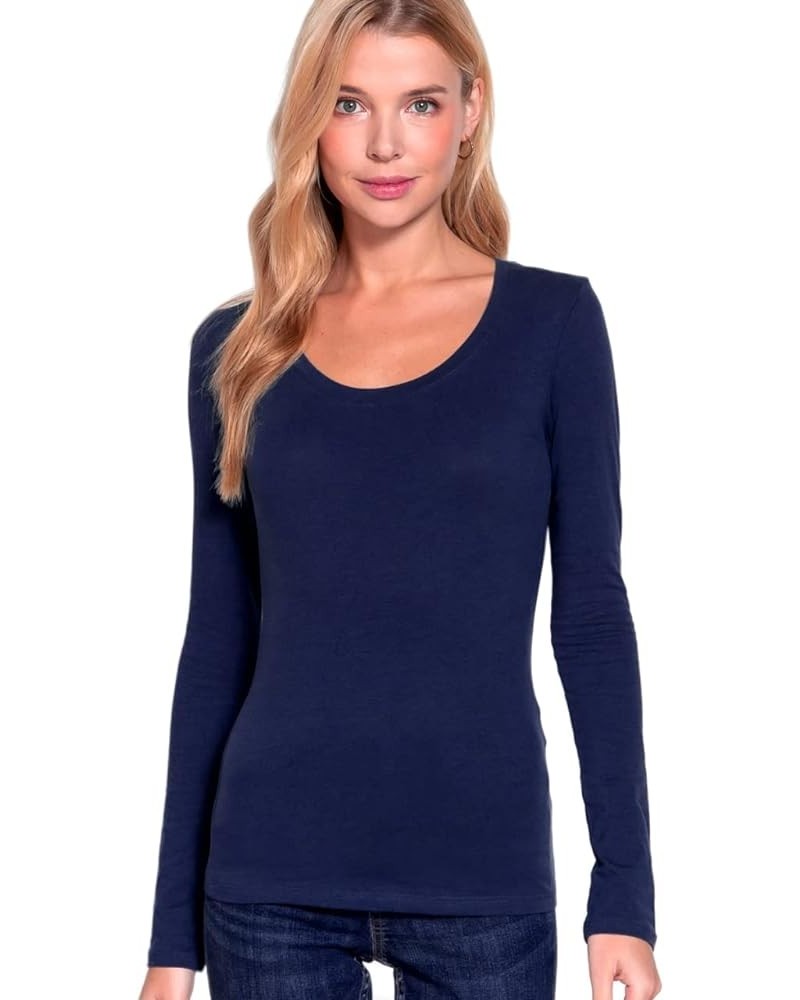 Women's Solid Plain Casual Scoop Neck Long Sleeves Tee T-Shirt Tops True Navy $8.36 T-Shirts