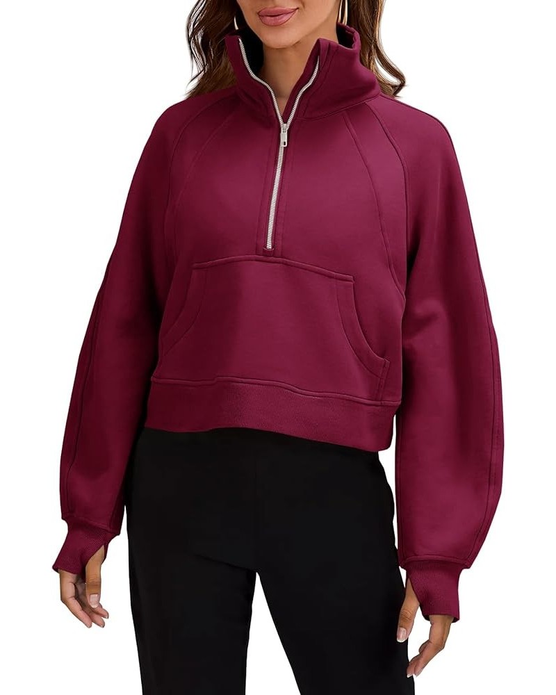 Womens Sweatshirts Half Zipper Crop Pullover Funnel Neck Fleece Lined Zip Up Long Sleeve Tops Thumb Hole Wine Red $18.06 Acti...