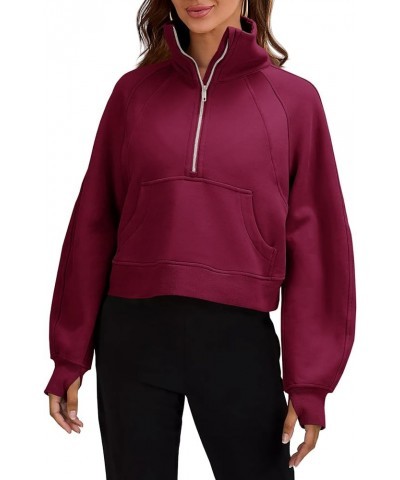 Womens Sweatshirts Half Zipper Crop Pullover Funnel Neck Fleece Lined Zip Up Long Sleeve Tops Thumb Hole Wine Red $18.06 Acti...