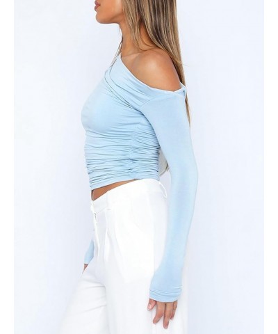 Women One Off Shoulder Solid Casual Long Sleeve Crop Top Slim Fit Ruched T-Shirt Sexy Going Out Tee Shirt Yy-lightblue $17.10...