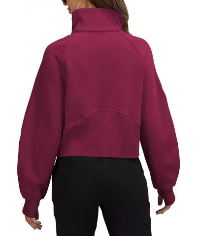 Womens Sweatshirts Half Zipper Crop Pullover Funnel Neck Fleece Lined Zip Up Long Sleeve Tops Thumb Hole Wine Red $18.06 Acti...