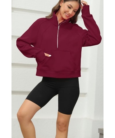 Womens Sweatshirts Half Zipper Crop Pullover Funnel Neck Fleece Lined Zip Up Long Sleeve Tops Thumb Hole Wine Red $18.06 Acti...