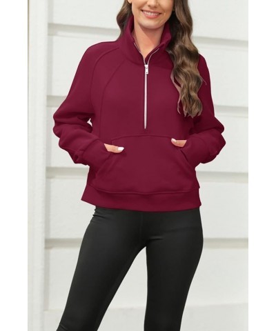 Womens Sweatshirts Half Zipper Crop Pullover Funnel Neck Fleece Lined Zip Up Long Sleeve Tops Thumb Hole Wine Red $18.06 Acti...