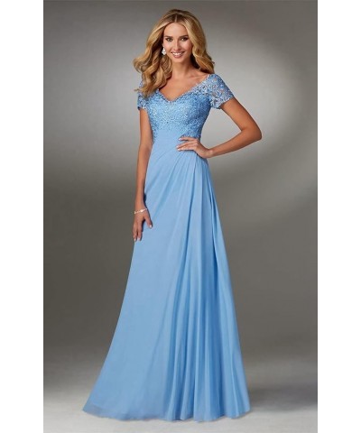 Chiffon Mother of The Bride Dresses Long Lace Appliques V-Neck Pleat Mother Bride Dresses for Wedding with Sleeves Dusty Blue...